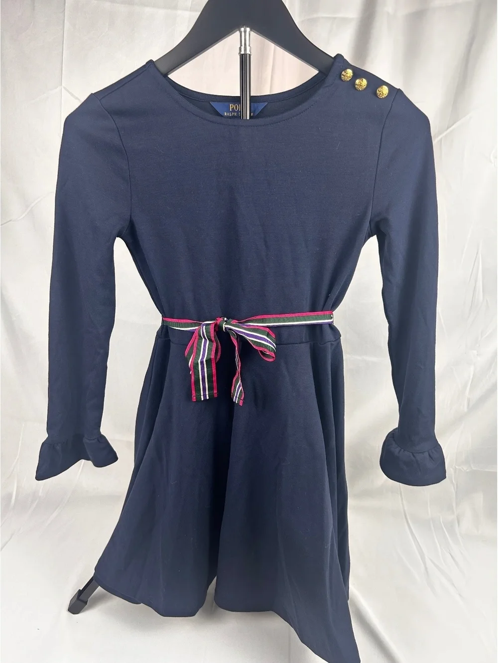 Polo Ralph Lauren Girls Navy Blue Long Sleeve Dress with Striped Waist Tie Size